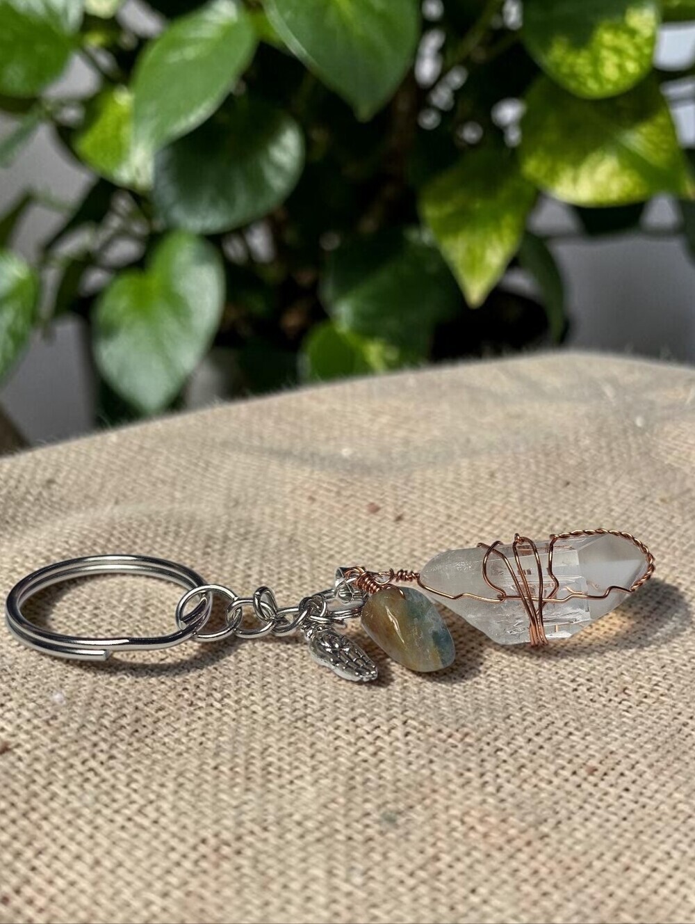 Handmade Clear Crystal Wire-Wrap Keychain with Stone Accent
